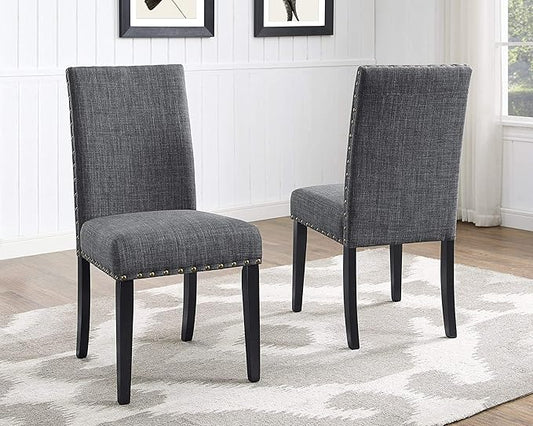 Roundhill Furniture Biony Gray Fabric Dining Chairs with Nailhead Trim, Pack of 2 Biony Fabric Dining Bench with Nailhead Trim, Grey