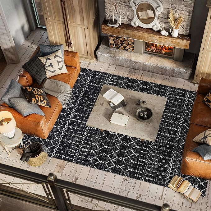 JONATHAN Y Boho Vintage Diamond Black/Ivory Indoor Area Rug 4X6 ft, Moroccan Hype for Living Room, Bedroom, Kitchen, Office, Easy-Cleaning, High Traffic, Pet-Friendly, Non-Shedding (MOH101D-4)