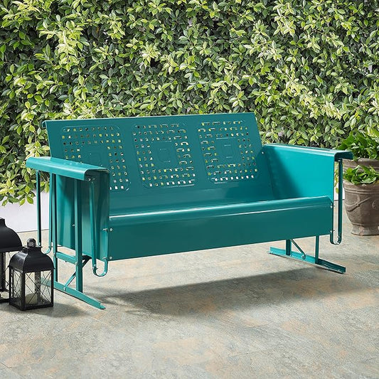 Crosley Furniture Bates Retro Metal Outdoor Sofa Glider, 3-Person Rocking Patio Bench for Porch, Deck, Turquoise Gloss