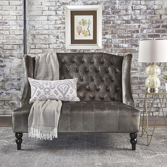 Christopher Knight Home GDFStudio Leona Modern Glam Tufted Velvet Wingback Loveseat, Gray and Dark Brown