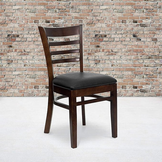 Flash Furniture HERCULES Series Ladder Back Walnut Wood Restaurant Chair - Black Vinyl Seat