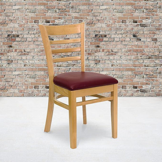 Flash Furniture HERCULES Series Ladder Back Natural Wood Restaurant Chair - Burgundy Vinyl Seat