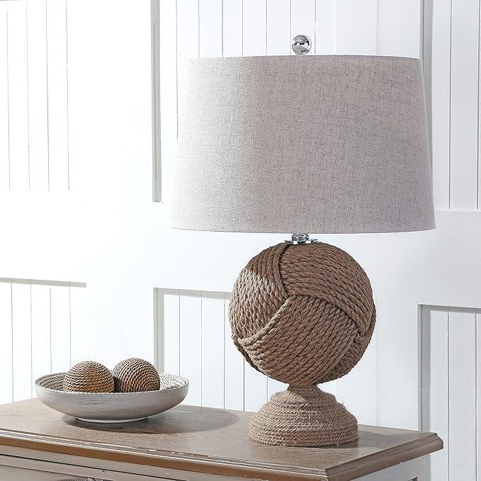 JONATHAN Y 24" Brown Monkey's Fist Knotted Rope LED Table Lamp, Coastal Farmhouse Nautical Lamp for Living Room Bedroom, Gray Linen Shade, UL Listed, LED Bulb Included JYL1005A