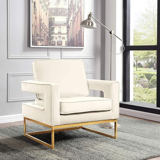 Meridian Furniture Noah Collection Modern | Contemporary Velvet Upholstered Accent Chair with Durable Iron, 33" W x 29" D x 35" H, Cream, Gold Base