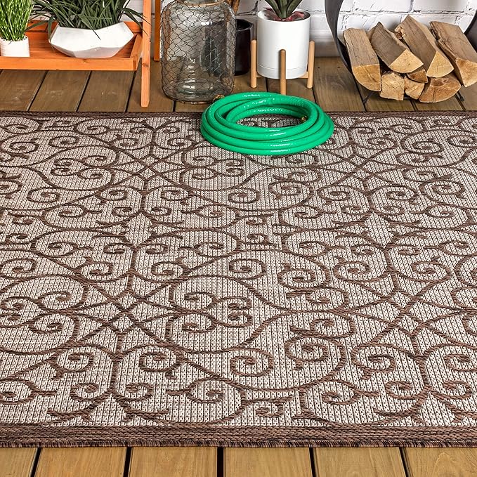 JONATHAN Y Vintage Filigree Indoor Outdoor Area Rug 8X10 Taupe/Espresso, Madrid Textured Weave for Backyard, Patio, Porch, Easy-Cleaning, High Traffic, Pet-Friendly, Non-Shedding (SMB107C-8)