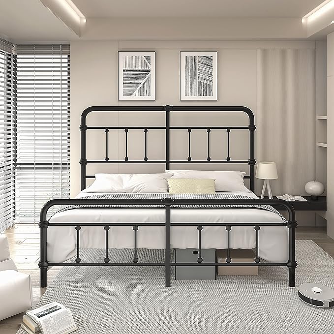 California-King-Bed-Frames and headboard Giselle-Vintage Antique-Metal - Iron Platform Mattress Foundation,49 inch High,No Box Spring Needed(Black)