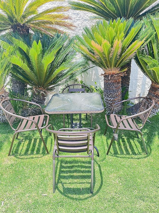 BTEXPERT Indoor Outdoor 28" Tempered Glass Trim Restaurant Aluminum Slat Stack Lightweight, 4 Metal Chairs with a Square Rattan Table, Bronze/Brown