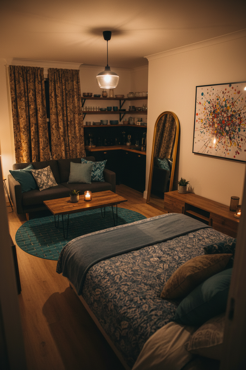 Small studio apartment with blue vintage rug, teal sofa, gold arched mirror, black pendant lamp, and colorful abstract wall art