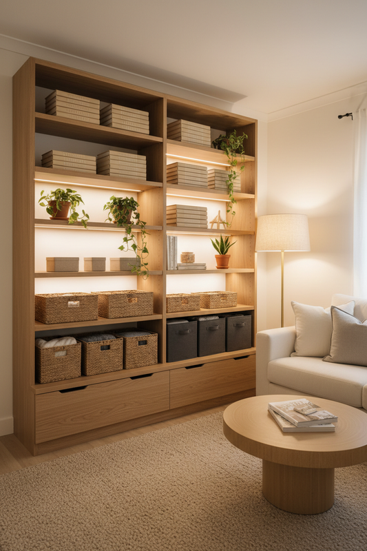 Small apartment living room with organized open shelving, woven storage baskets, and warm ambient lighting