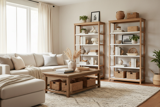 Beautifully organized living room with wicker storage baskets, styled open shelves, and warm natural light