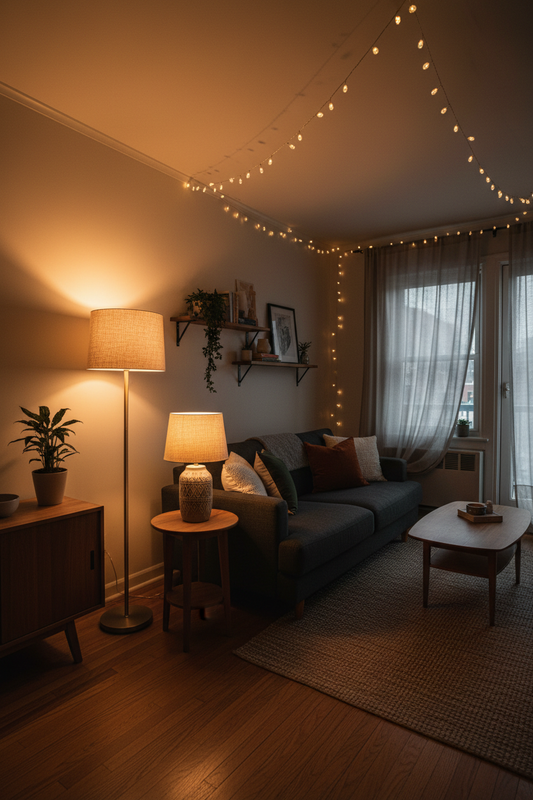 Small apartment living room with layered lighting including floor lamp, table lamp, and warm string lights