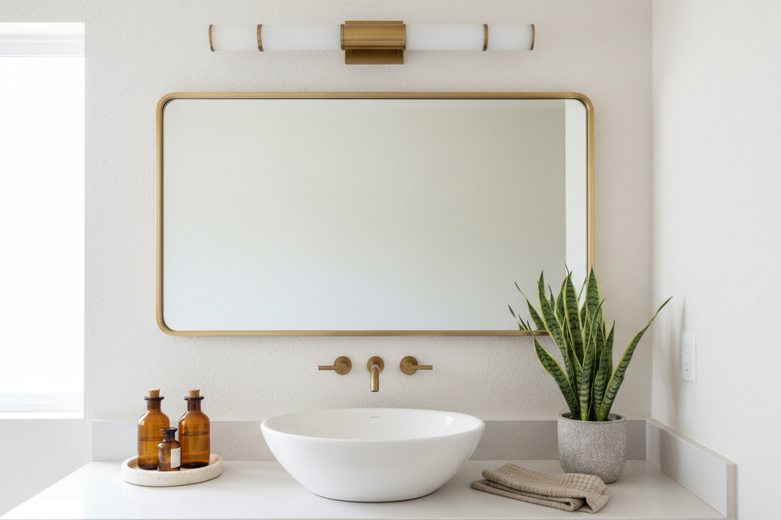 Bathroom vanity styled with rectangular black-framed mirror, ceramic tray, apothecary bottles, plant, folded linen towel and wall light — bathroom decor ideas that make a small space feel considered