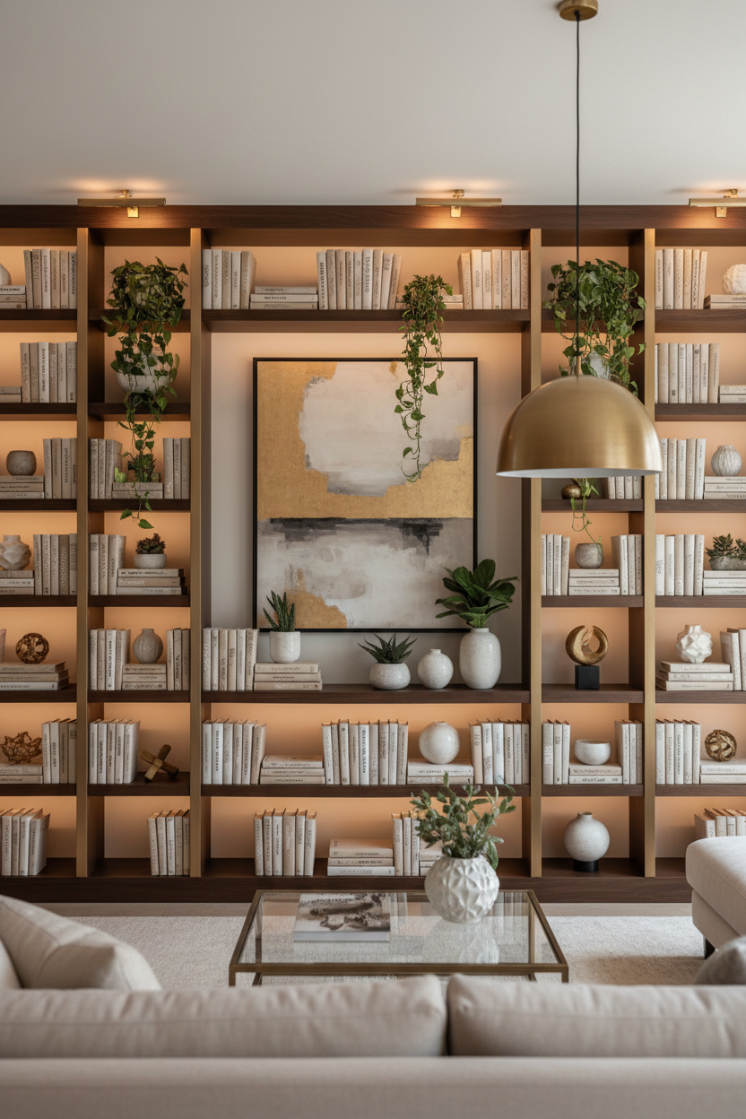 Beautifully organized living room bookshelf with books, plants, and decorative accessories