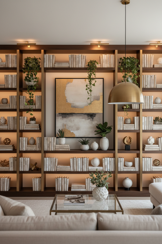 Beautifully organized living room bookshelf with books, plants, and decorative accessories