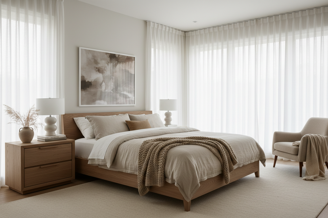 Modern bedroom with a platform bed frame in neutral tones and natural light