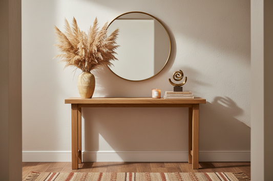 Styled console table in a living room entryway with tall pampas grass vase, stacked art books, candle and a round mirror above — how to style a console table