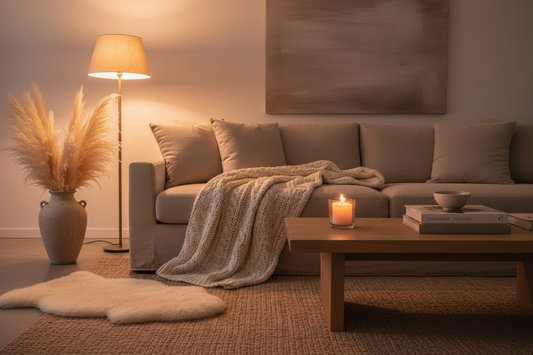 Cozy modern living room with warm amber lighting, knit throw blanket, and wooden coffee table