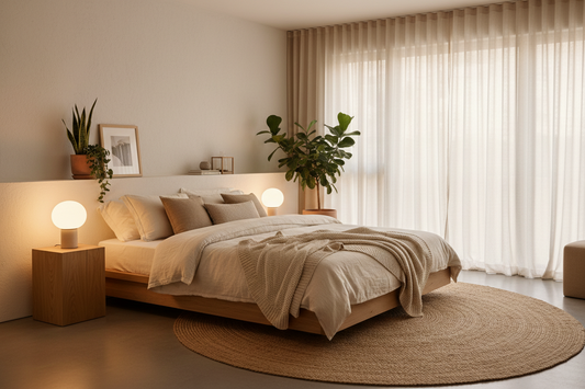 cozy modern bedroom with soft bedding and warm lighting