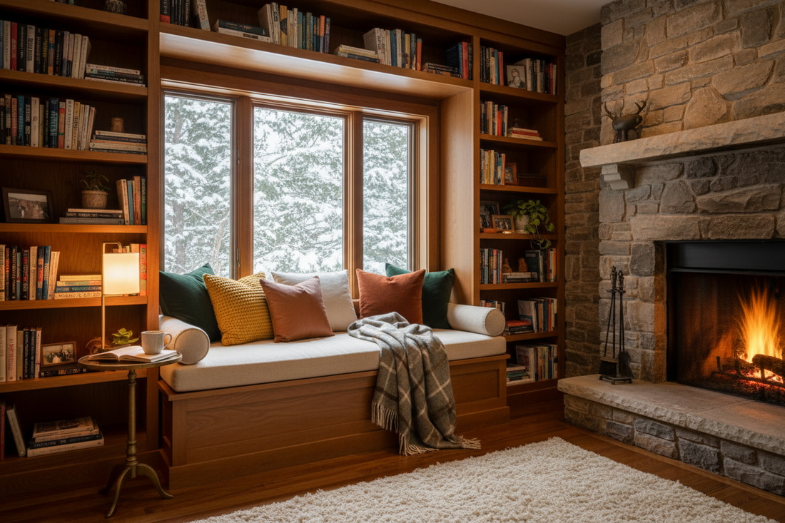 Cozy reading nook built into a fireplace alcove with bench seat, cushions, side table with lamp and floor-to-ceiling bookshelves — how to create a reading nook in any room