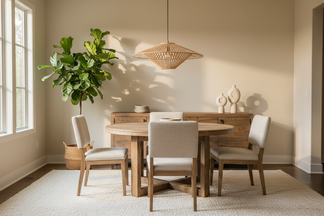 Dining room with round wooden table for four, linen chairs, statement pendant light and sideboard with plant — dining room setup ideas table chairs and lighting that work together