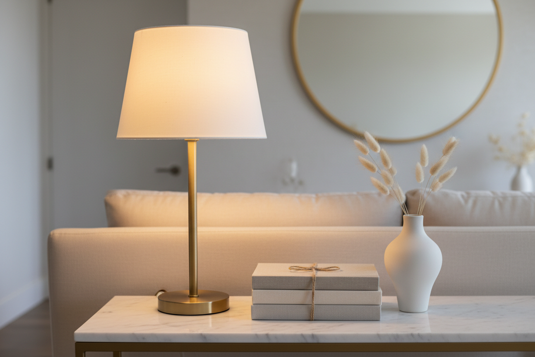 Elegant table lamp styled on a marble console table with books and a ceramic vase, modern luxury interior