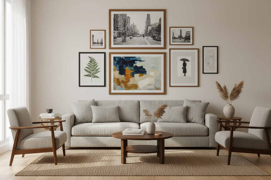 Gallery wall above a sofa with 8 mixed-size framed pieces in black and natural wood frames — how to create a gallery wall that looks intentional
