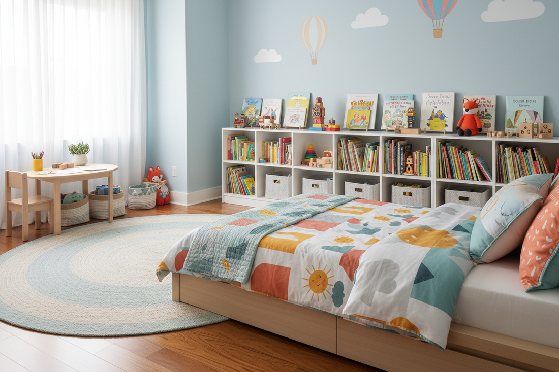 Kids bedroom that is playful but organized — low bed with coordinated bedding, child-height bookshelf, small desk and round rug — kids bedroom ideas that grow with the child