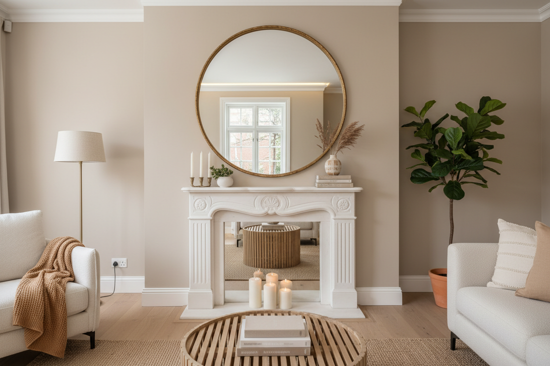 Large round mirror above a fireplace mantel in a warm living room — how to decorate with mirrors to add light and space