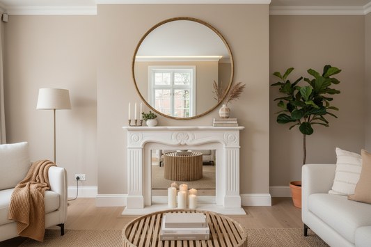 Large round mirror above a fireplace mantel in a warm living room — how to decorate with mirrors to add light and space