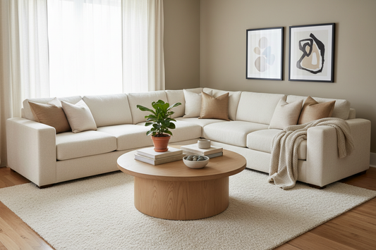 Large sectional sofa paired with a round coffee table that allows easy movement around the seating area — how to choose the right coffee table for your sofa