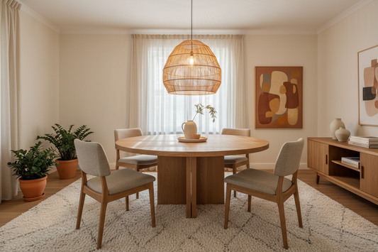 Large woven rattan chandelier above a round dining table casting warm ambient light — dining room lighting ideas that set the mood
