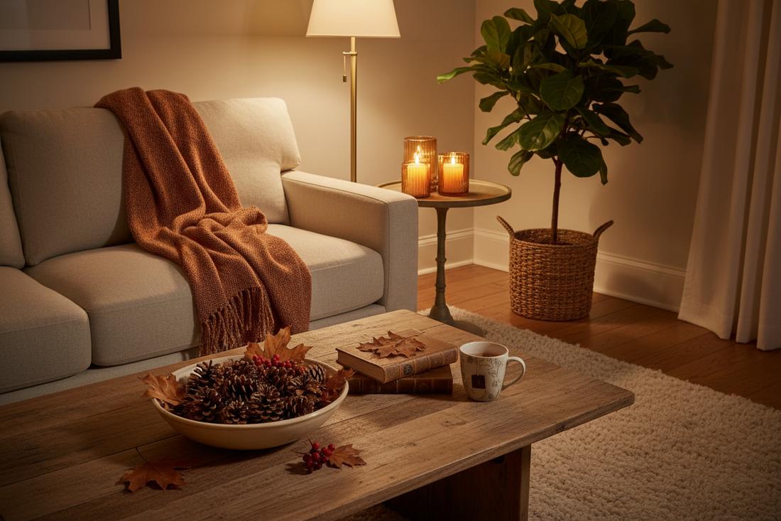 Living room styled for autumn with terracotta throw on linen sofa, pinecones and dried leaves on coffee table, amber candleholders and warm low lighting — how to transition your home decor for autumn