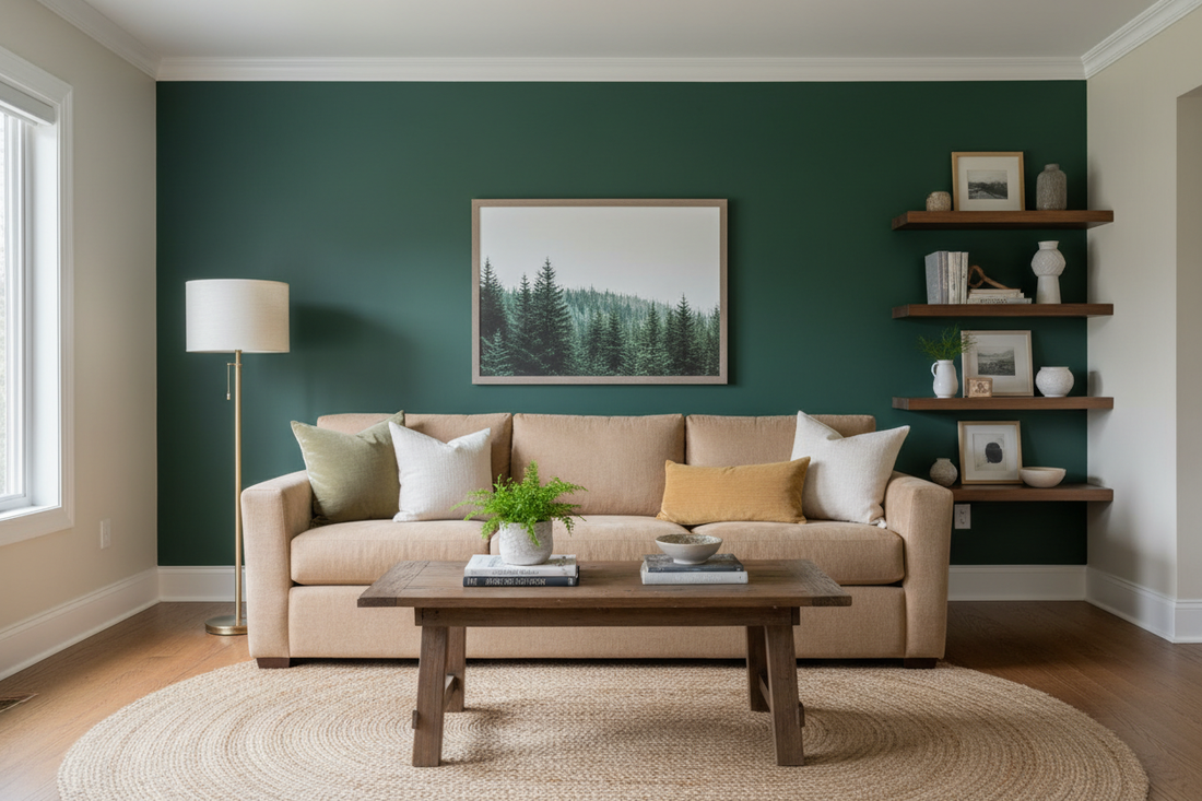 Living room with a deep forest green accent wall behind the sofa creating a dramatic anchored seating area — how to use an accent wall without getting it wrong