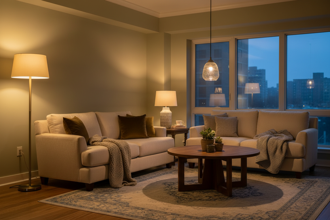 Living room with layered lighting — floor lamp in corner, table lamp beside sofa and pendant above coffee table — how to layer lighting ambient task and accent explained