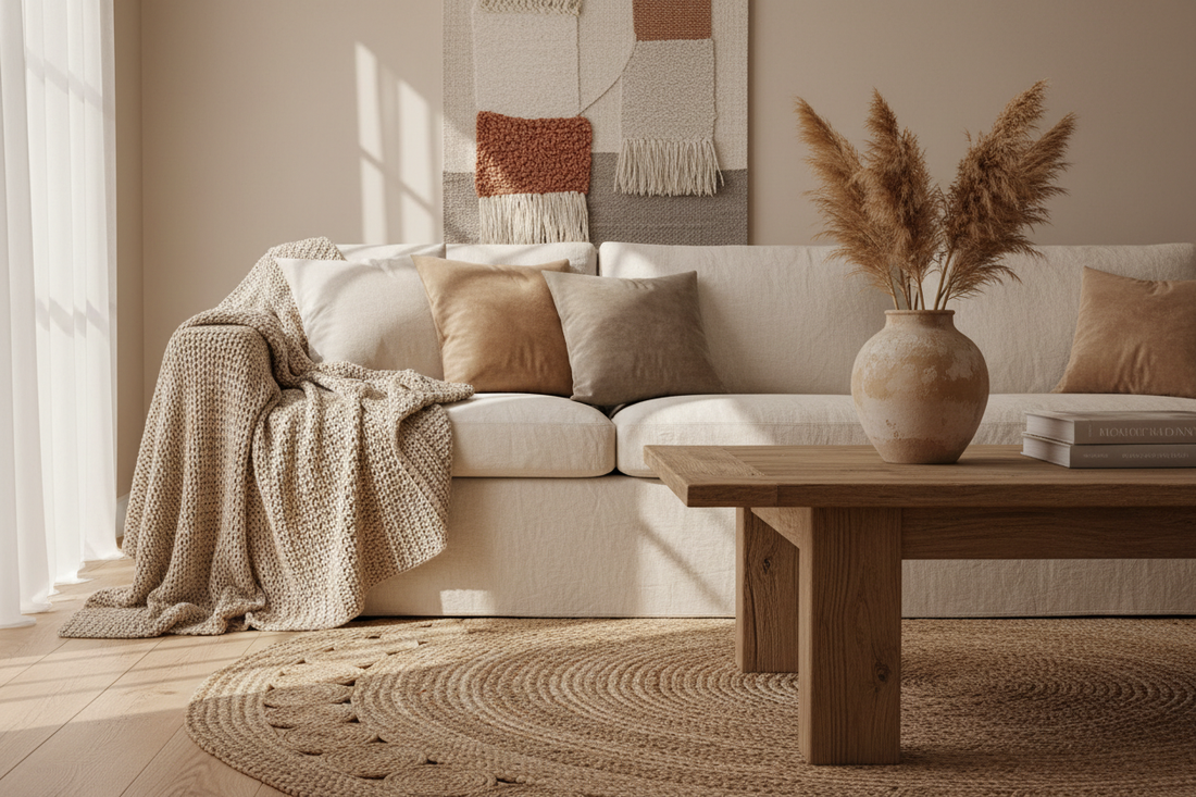 Living room with layered textures — chunky knit throw on linen sofa, jute rug, wood grain coffee table, velvet cushions and ceramic vase in warm neutrals — how to use texture to add warmth to a neutral room