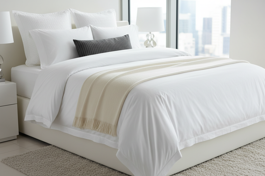 Luxury hotel-style bed with white duvet, Euro shams, standard pillows, accent pillow and folded throw at the foot — how to style a bed like a hotel