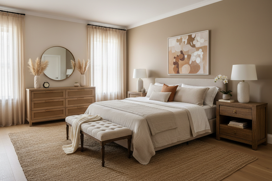 Master bedroom with centered queen bed, matching nightstands on each side and a bench at the foot of the bed — bedroom furniture layout ideas
