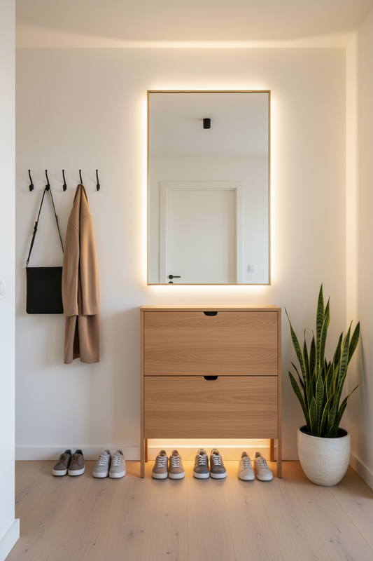 modern entryway with shoe storage and wall mirror