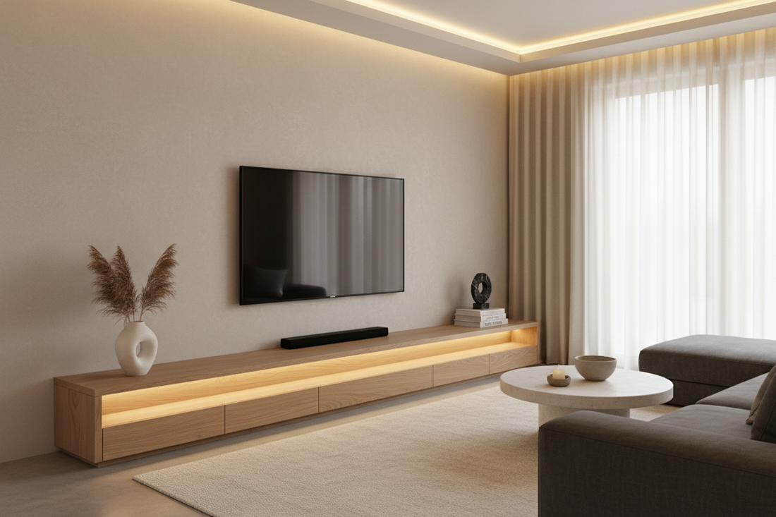 modern living room with stylish tv stand and warm lighting