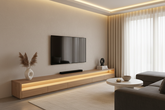 modern living room with stylish tv stand and warm lighting