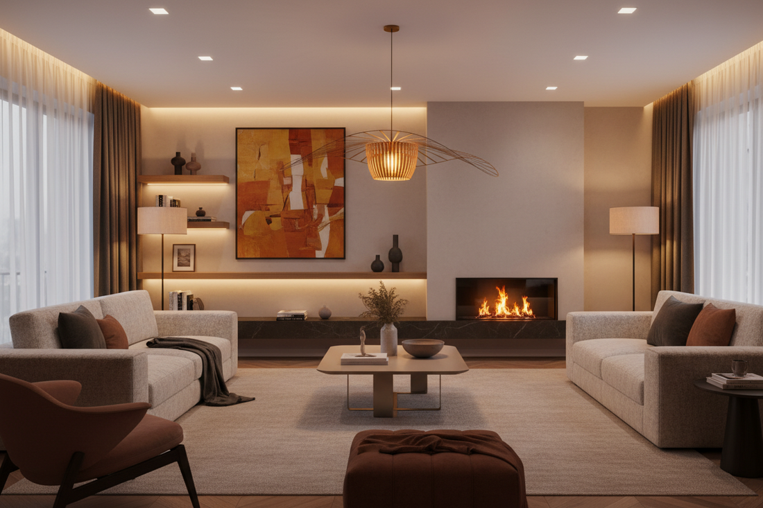 modern living room with layered lighting and warm ambiance
