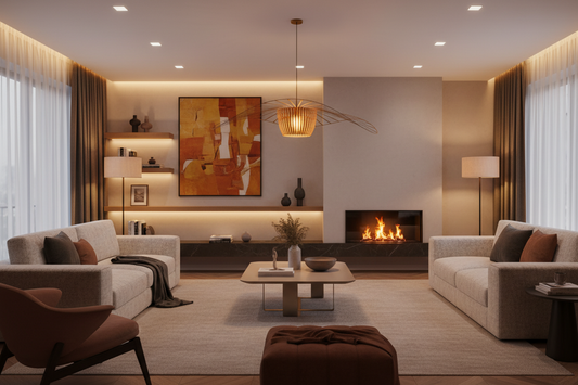 modern living room with layered lighting and warm ambiance