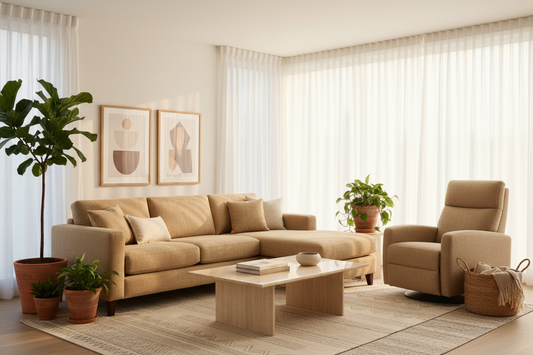 modern living room with sectional sofa and recliner seating