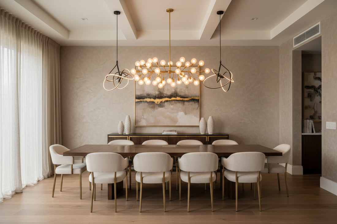 Modern pendant lights and elegant chandelier displayed in a stylish open-concept dining room