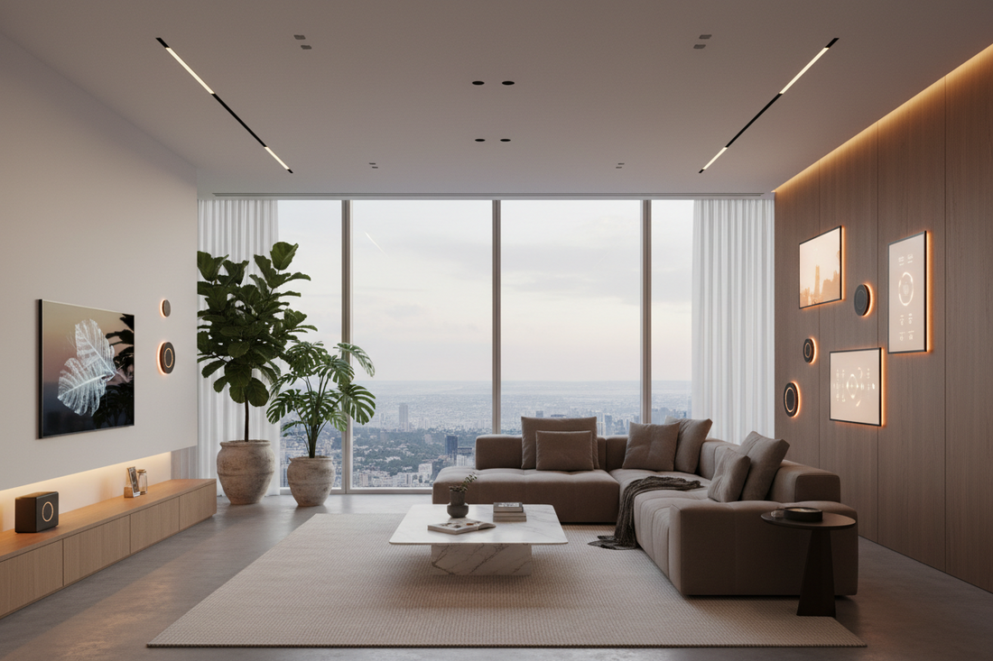modern living room with smart lighting and smart home devices