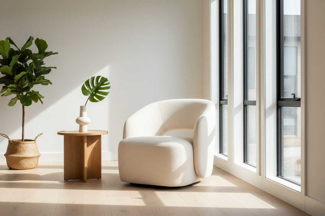 Modern upholstered accent chair in a bright contemporary living room with a side table and natural light