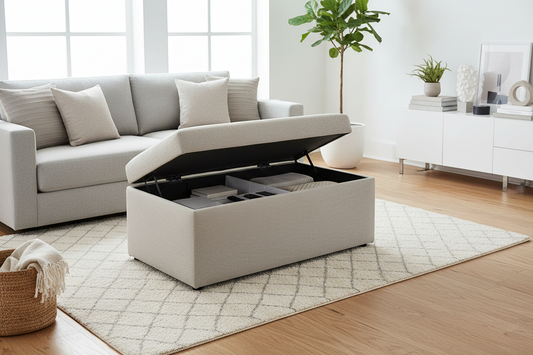 Modern upholstered storage ottoman with hidden storage in a bright contemporary American living room