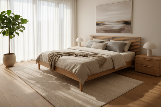 Modern wooden bed frame in a bright contemporary bedroom with neutral bedding and natural sunlight