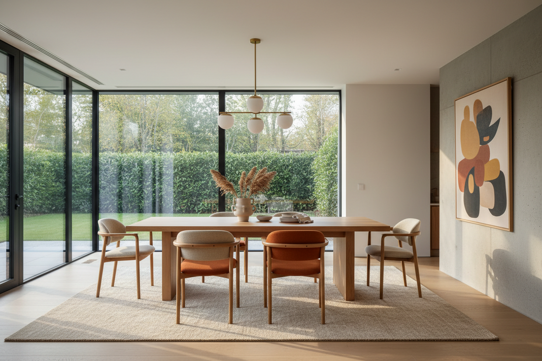 Modern wooden dining table in a bright contemporary dining room with stylish chairs and natural light