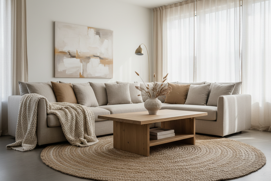 Neutral living room styled with chunky knit throw, jute rug, linen cushions and dried grass vase — how to style a neutral home that doesn't feel boring